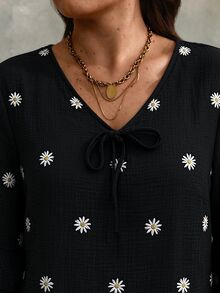 EMERY ROSE Plus Size V-Neck Tie-Front Ruched Blouse With Ruffle 3/4 Flare Sleeves, Loose Fit Printed Top For Casual, Light Commute, Light Social, Vacation And Travel - Black - View 3