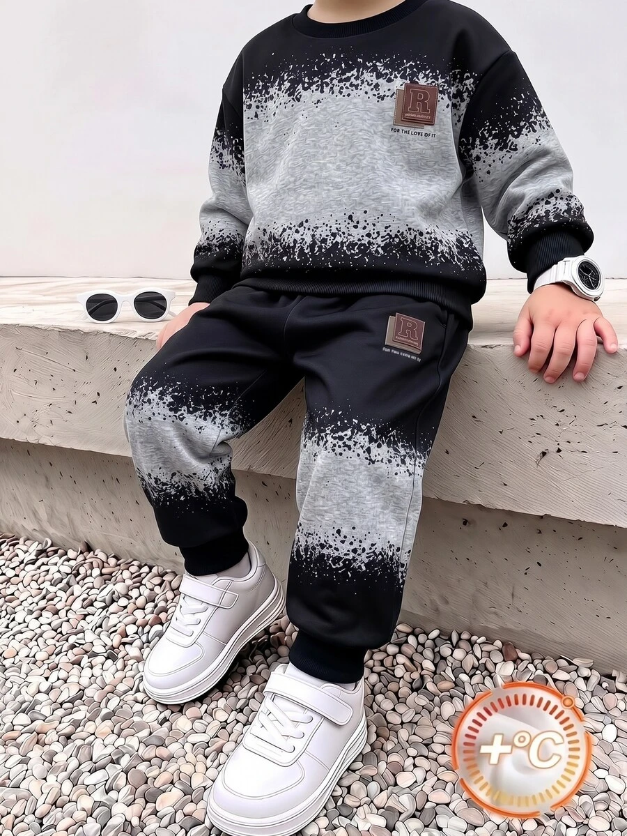 SHEIN 2pcs/Set Young Boy Casual Sports College Street Style Cute Cool Wing Pattern Tri-Color Striped Sweatshirt + Pants, Suitable For Daily Wear, School - Black - View 1