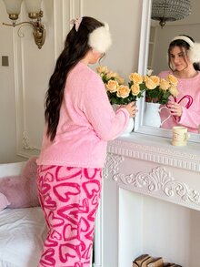 Slumberry CURVE Plus Size Women's Heart Pattern Long Sleeve Top And Pants Casual Daily Home Sleepwear Set - Multicolor - View 3