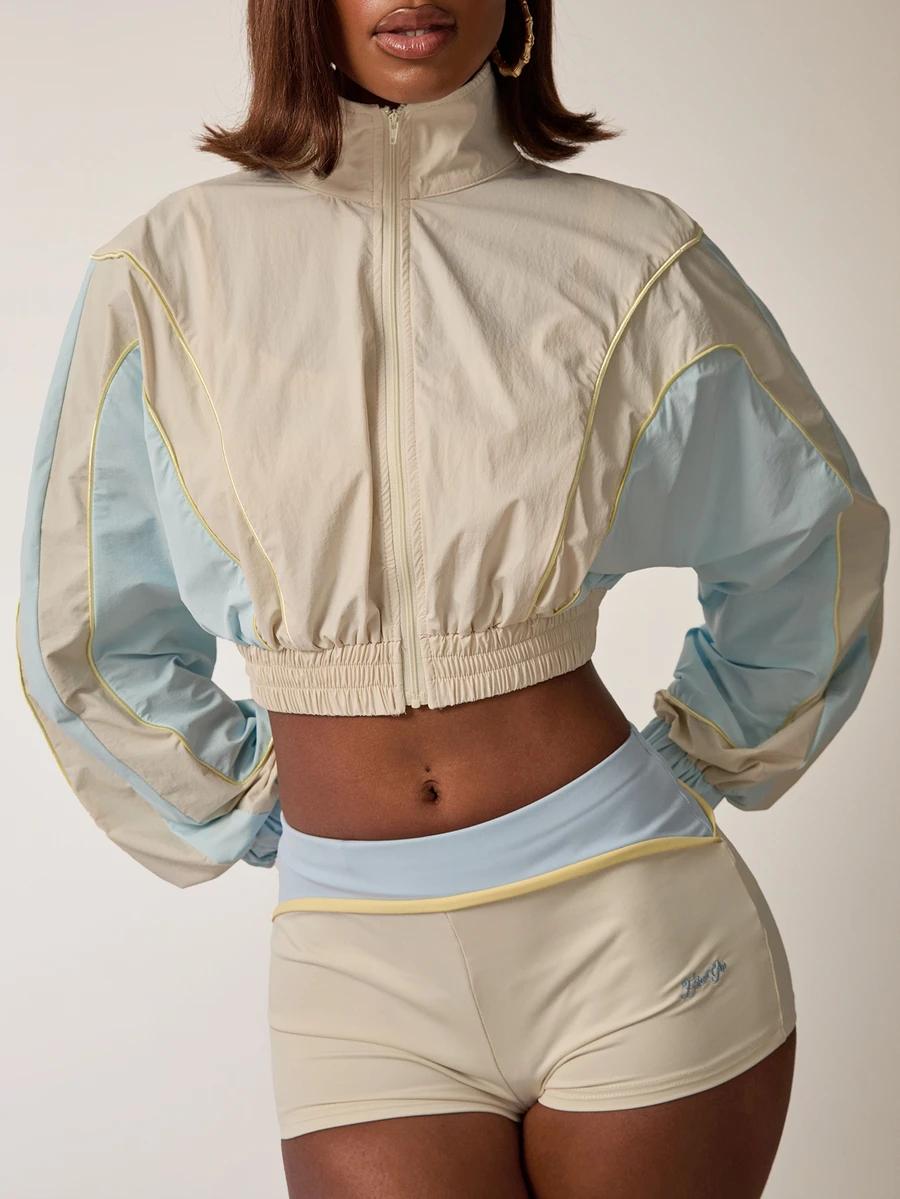 SHEIN BAE Women's Colorblock Long Sleeve Zipper Front Casual Cropped Jacket - Beige - View 1
