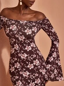 JIAN LASALA Knit Floral Print Off Shoulder Long Bell Sleeve Midi Dress Vacation Elegant Holiday - Multicolor - View 6