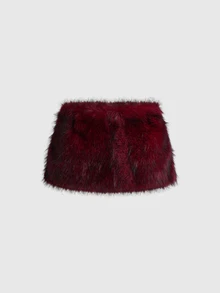 ROMWE Grunge Punk Burgundy Faux Fur Ultra Mini Skirt With Star Patchwork And Built-In Shorts, Punk Style For Women - Burgundy - View 2