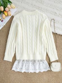 Tween Girl Bow Decor Twisted Long Sleeve Sweater - White - View 2