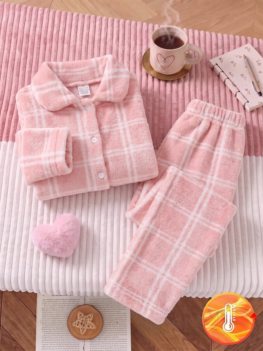2件組粉色格紋滿版印花法蘭絨居家服套裝,保暖內裡加厚,甜美基礎經典格紋風,秋冬女童款 - 粉色 - 查看 1