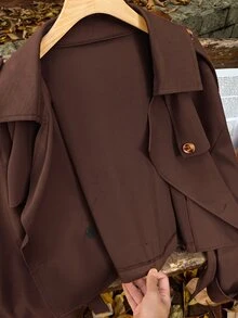 Comfortcana 大尺碼復古商務休閒優雅風黑色短款領口風衣，秋冬冬季辦公正式穿搭 - 巧克力棕 - 查看 6