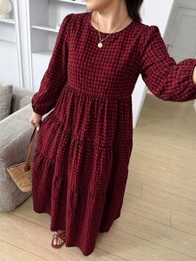 Easowa Curve Plus Size Casual Kawaii Plaid Dress Fall Christmas Homewear Birthday Red - Multicolor - View 4