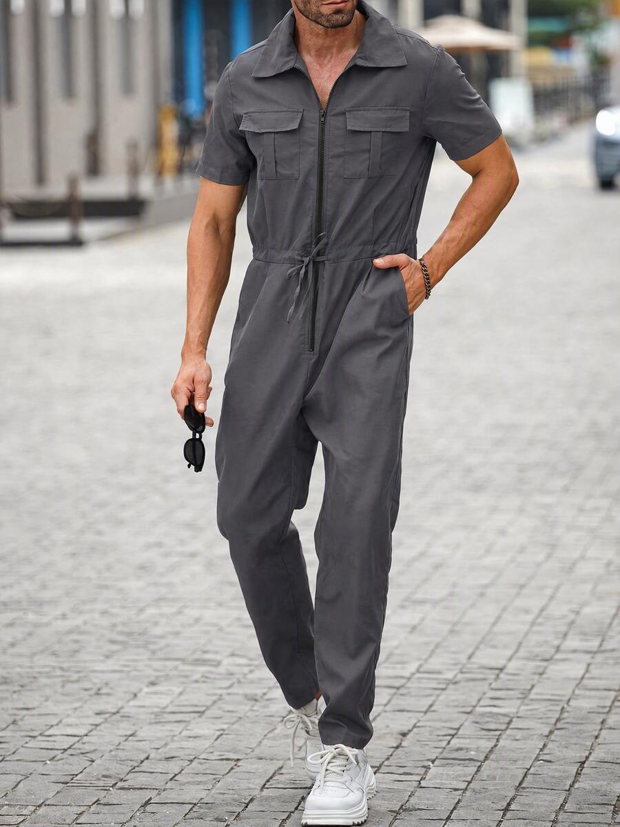 Manfinity CasualCool Men Flap Pocket Drawstring Waist Shirt Jumpsuit - Dark Grey - View 1