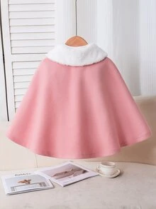 SHEIN 女童優雅人造毛領披風大衣，雙排扣粉色甜美公主斗篷外套，適合秋冬穿著 - 淺粉色 - 查看 2