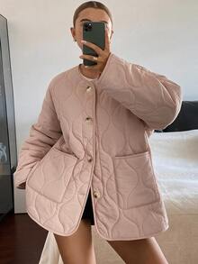 DAZY Women's Loose Pink Casual Padded Coat With Stitching Decor - Pink - View 5