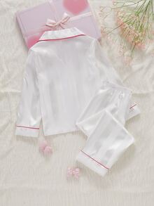幼兒春秋/秋冬四季通用 簡約粉色條紋長袖口袋蝴蝶結印花開襟衫與長褲 2件套 柔軟舒適可愛 - 白色 - 查看 2