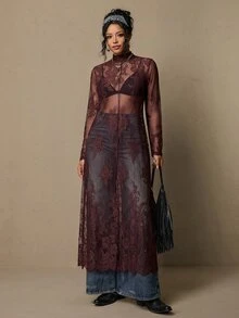 Freevana 大尺碼女款蕾絲立領長袖透視貼身洋裝 - 鏽棕色 - 查看 6