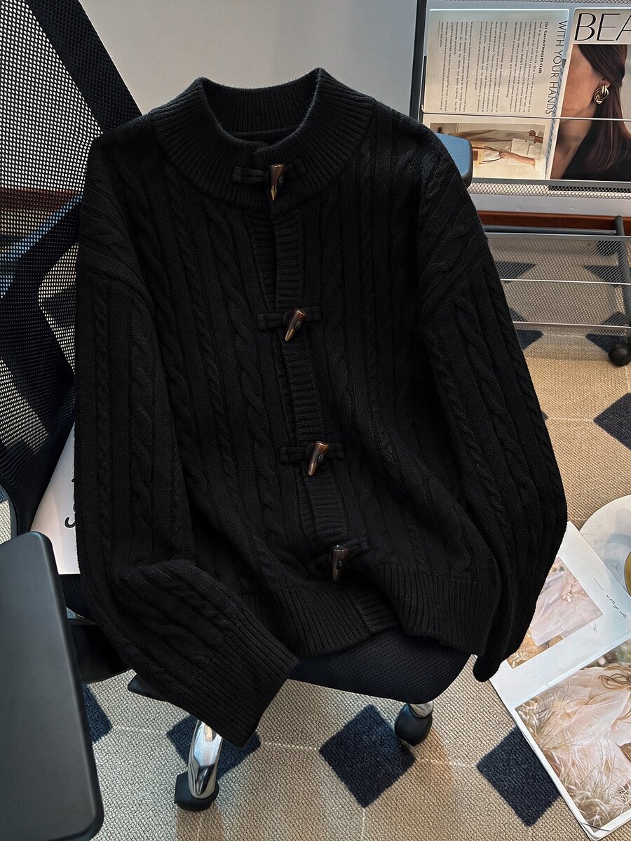 GlowEve CURVE Plus Size Women's Autumn/Winter Ribbed Twisted Rope Black Knit Cardigan Sweater - Black - View 1