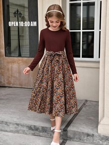 SHEIN Tween Girl Casual Elegant Round Neck Long Sleeve Brown Dusty Floral Patchwork Tween Girl Dress - Multicolor - View 4