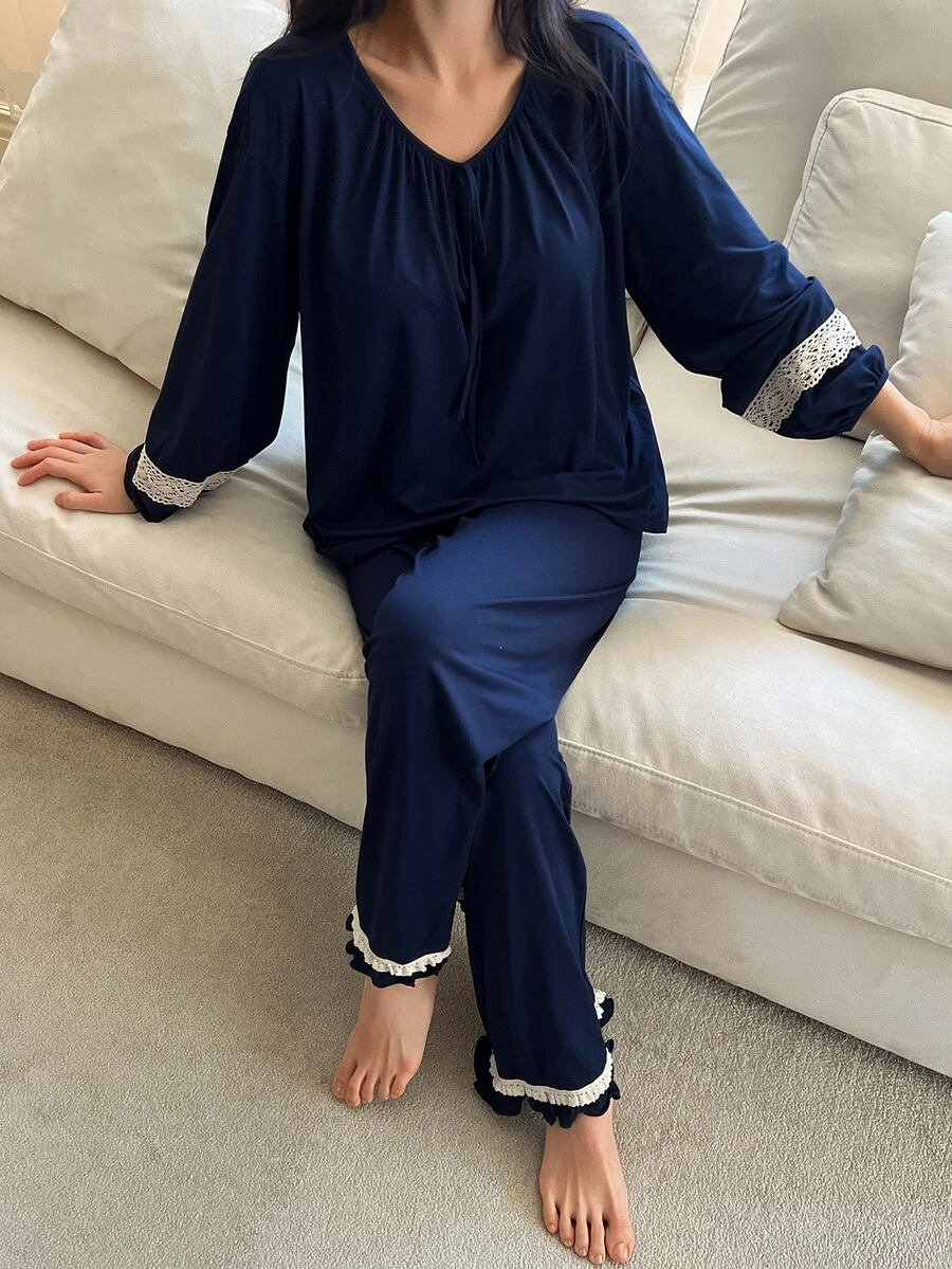 DAZY 2pcs/Set Women's Lace Patchwork Loose Long Sleeve Top & Straight Leg Long Pajama Pants Sleepwear Set - Navy Blue - View 1