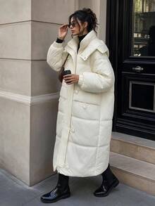 DAZY Women's Solid Color Long Sleeve Hooded Long Winter Coat - Beige - View 6