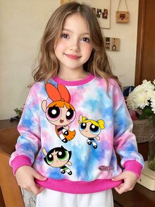 THE POWERPUFF GIRLS X SHEIN 女童卡通印花紮染休閒日常長袖衛衣 - 玫紅色 - 查看 1