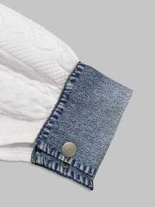 Zayélia Women's Printed Denim Patchwork Hooded Cable Knit Cardigan Loose Fit Jacket - White - View 5