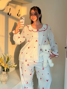 Slumberry CURVE Sweet & Cute Cherry & Heart Print Pajama Set, Romantic Elegant Plus Size Sleepwear Set For Girls - Multicolor - View 3