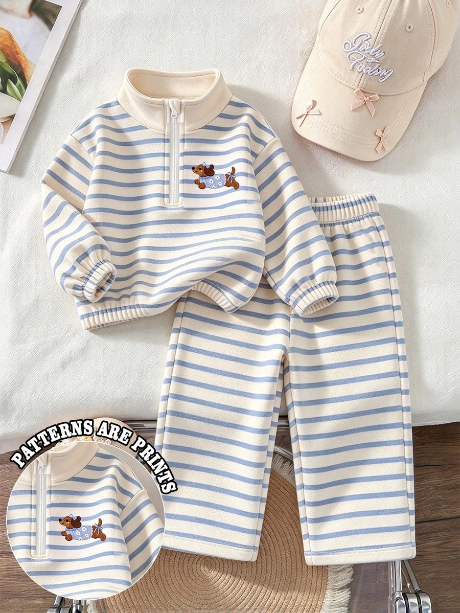 SHEIN 女童卡其棕豹紋保暖內裡兩件套,半拉鍊立領上衣 + 寬腿褲,加厚保暖內裡 - 彩色 - 查看 1