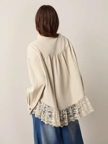 Willow Rêve Women's Cream Lace Hem Loose Jacket - Cream - View 2