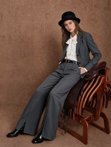 Zovinel Premium Worsted Fabric Women Suit Pants With Front Split,Elegant Fall Autumn/Winter,Back To School, Casual Commute Work,Old Money Style - Grey - View 6