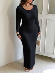 SHEIN EZwear 休閒極簡圓領長袖派對洋裝 秋冬大尺碼純色貼身洋裝 約會晚裝 - 彩色 - 查看 8