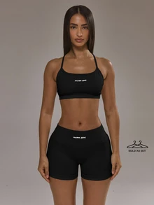 Musera Petite Two Pieces Strappy Backless Sports Bra With Fitted Petite Mini Shorts Daily Active Gym Workout Fall Autumn Winter Pilates - Black - View 1