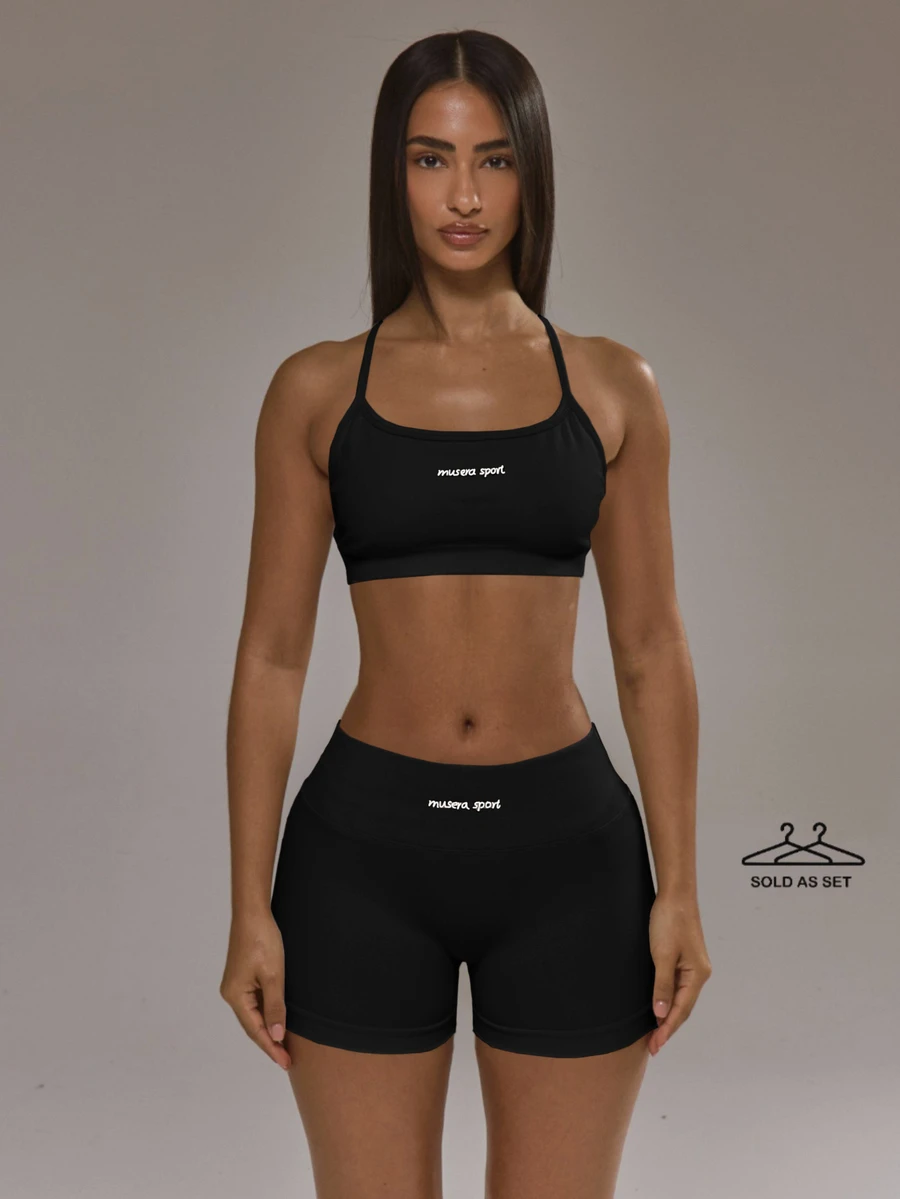 Musera Petite Two Pieces Strappy Backless Sports Bra With Fitted Petite Mini Shorts Daily Active Gym Workout Fall Autumn Winter Pilates - Black - View 1