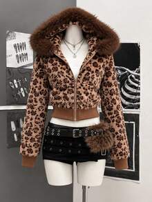 Structelle Women's Leopard Print Long Sleeve Zip-Up Hooded Sweatshirt - Multicolor - View 7