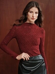 Anewsta Women's Burgundy Lace Fitted Sheer Long Sleeve Inner Top, Commute Date Party Atmosphere T-Shirt, Autumn/Winter - Burgundy - View 4