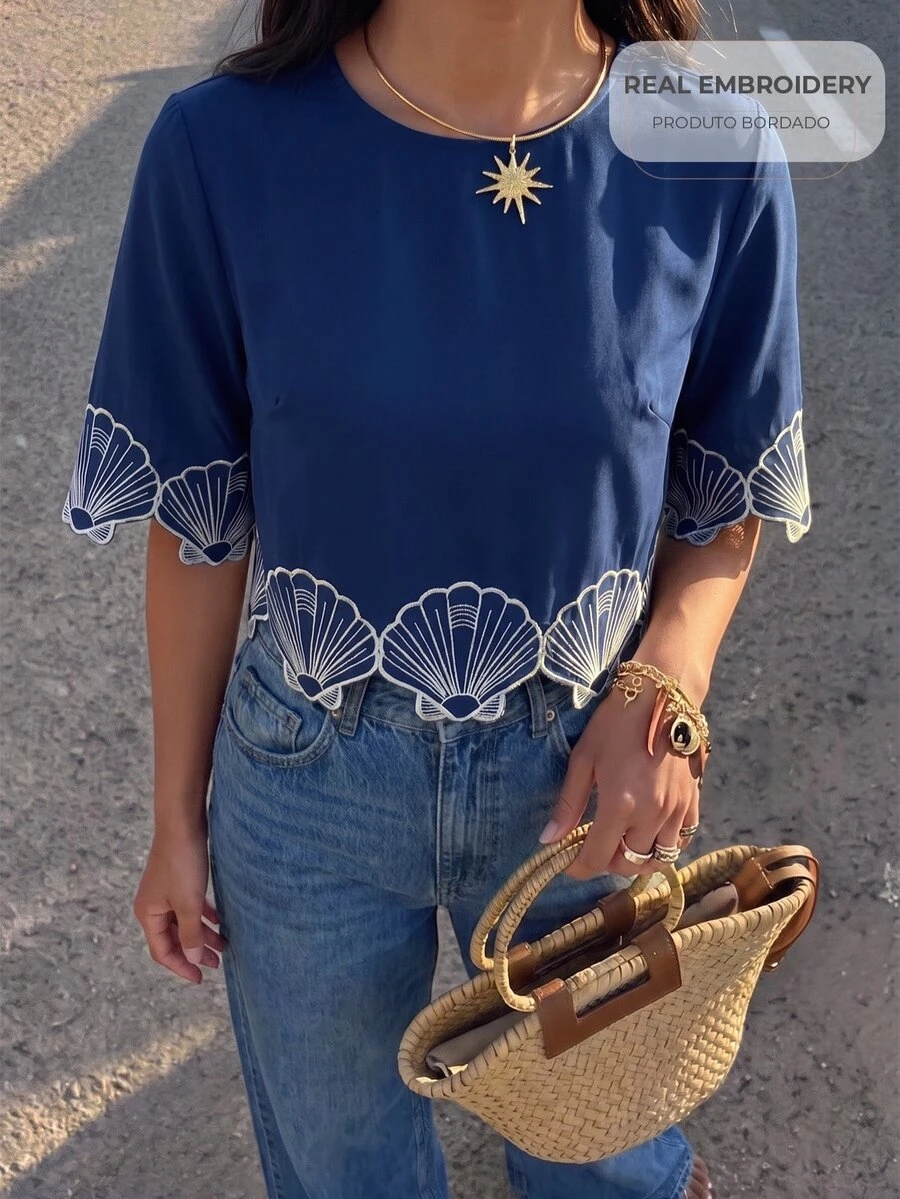 CAJUNI Women's Shell Pattern Casual Everyday Top - Blue - View 1