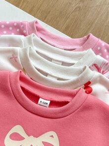 طقم 4 قطع للبنات الرضع، سويت شيرت صوف ناعم بأكمام طويلة وأكتاف منسدلة، بطبعة منقطة وفيونكة، متعدد الألوان، مناسب للخريف والشتاء - متعدد الألوان - مشاهدة 4