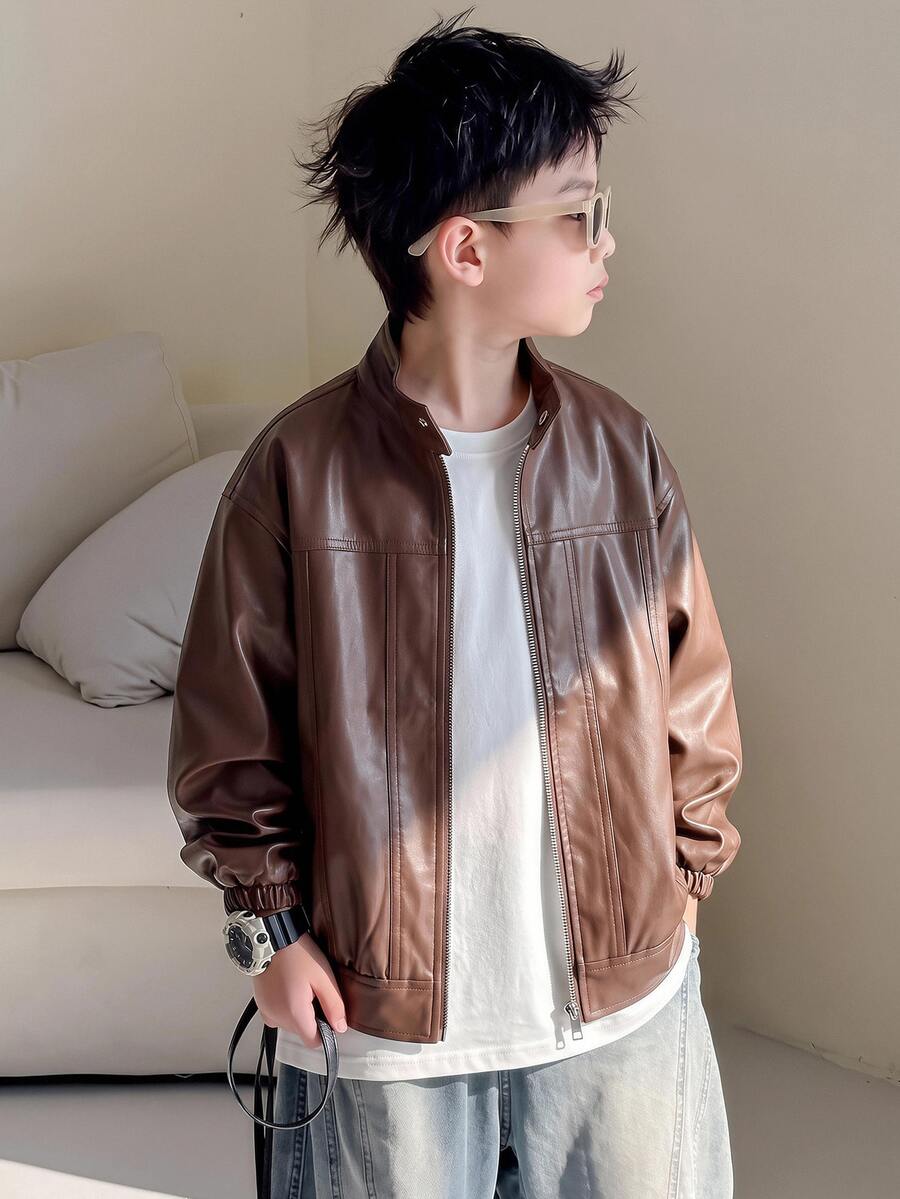 SHEIN Little Byeori 兒童青少年男孩休閒連帽多功能棕色拼接皮革夾克外套,適合通勤、上學、日常休閒外出與運動,秋冬穿著 - 棕色 - 查看 1