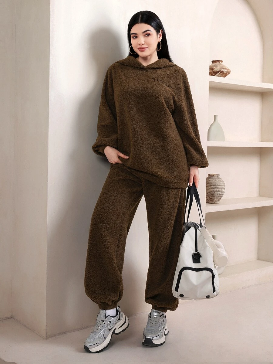 Veilorie Women's Letter Embroidered Long Sleeve Hoodie And Pants Casual 2 Pieces Set - Brown - View 1