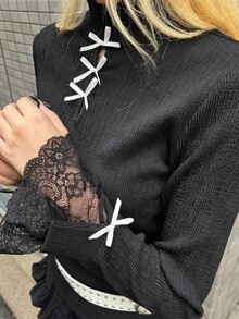FRIFUL Middle-Aged Women Korean Style Romantic Elegant Bowknot Decor Lace T-Shirt Party Night Black - Black - View 2
