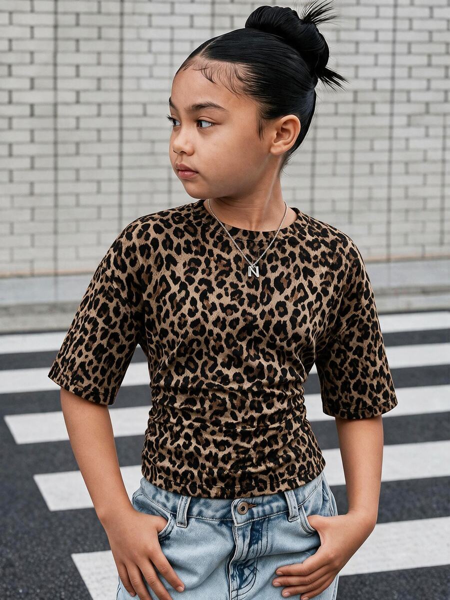 Teen Girls Casual Minimalist Leopard Print Crew Neck Short Sleeve T-Shirt Suitable For All Seasons - Multicolor - View 1