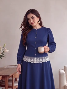 Modelyn Plus Size Navy Blue Lace Patchwork Petal Sleeve Cinched Waist Blouse & Long Skirt Elegant Romantic 2 Pieces Set - Navy Blue - View 3