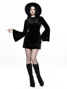 ROMWE Women's Short Cross Mesh A-Line Flare Sleeve Velvet Fabric Gothic Dress - Black - View 3