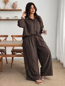 Enliva Plus-Size Women's Striped Shirt Two Pieces Set, Suitable For Commuting Apple,Rounded Body - Multicolor - View 6
