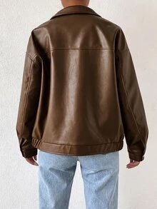 SHEIN EZwear Drop Shoulder Zip Up PU Cropped Leather Jacket In Fall/Winter - Brown - View 2