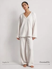Ocili Studio Women's Minimalist Fashion Basic Comfortable Beige Double-Sided Half-Fleece V-Neck Long Sleeve Pants Loungewear Set - White - View 2