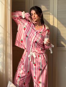 Slumberry CURVE Bộ đồ ngủ size lớn tay dài cổ bẻ cài nút trước, họa tiết trái tim kẻ sọc, đính nơ - Hồng - Xem 6