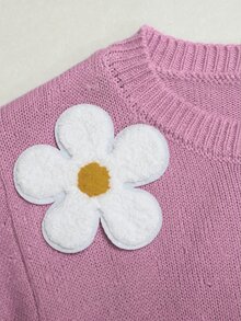 SHEIN Tween女孩休閒時尚百搭可愛花卉裝飾寬鬆舒適圓領套頭秋季冬季毛衣 - 粉色 - 查看 7