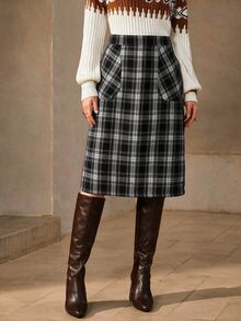 SHEIN LUNE 休閒優雅復古學院風女款秋季格紋口袋裙 感恩節校園野餐上班辦公黑白冬季秋季服飾 - 黑色 - 查看 5