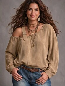 Weeklong Women's Plus Size Autumn/Winter Casual Asymmetrical Shoulder Long Sleeve Suede-Like Fabric Loose Shirt - Khaki - View 4