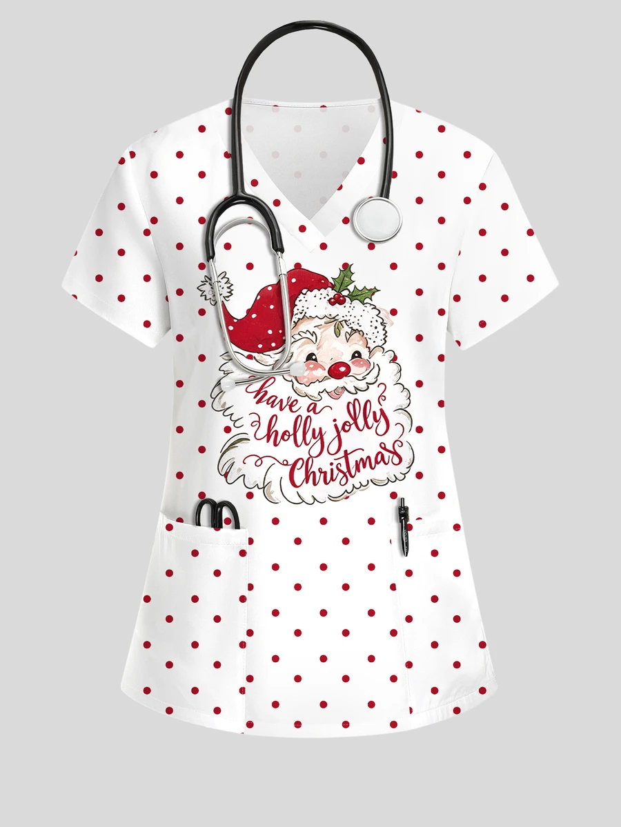 PopScrub White With Red Polka Dot Santa Claus Print Women's Nurse Scrub ...