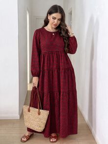 Easowa Curve Plus Size Casual Kawaii Plaid Dress Fall Christmas Homewear Birthday Red - Multicolor - View 6