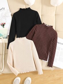 SHEIN 3件組青少年女孩休閒百搭素色羅紋荷葉邊假領T恤 - 彩色 - 查看 1
