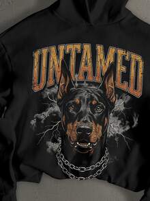 StoneGrade American Retro Doberman Dog English Letter Typography Fashion Print Pattern Men's Standard Size Black Short Loose Drop Shoulder Hoodie - Black - View 2