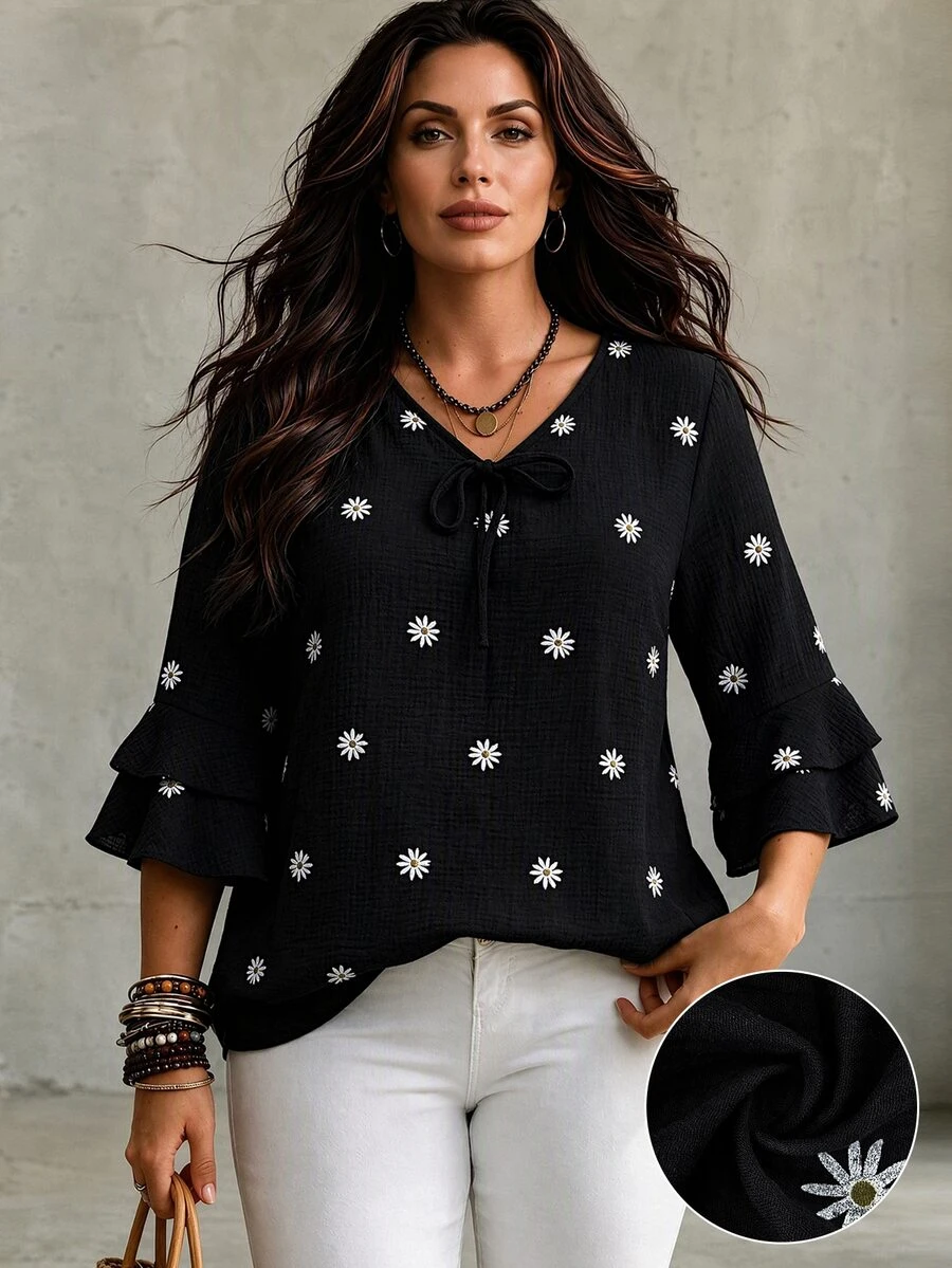 EMERY ROSE Plus Size V-Neck Tie-Front Ruched Blouse With Ruffle 3/4 Flare Sleeves, Loose Fit Printed Top For Casual, Light Commute, Light Social, Vacation And Travel - Black - View 1